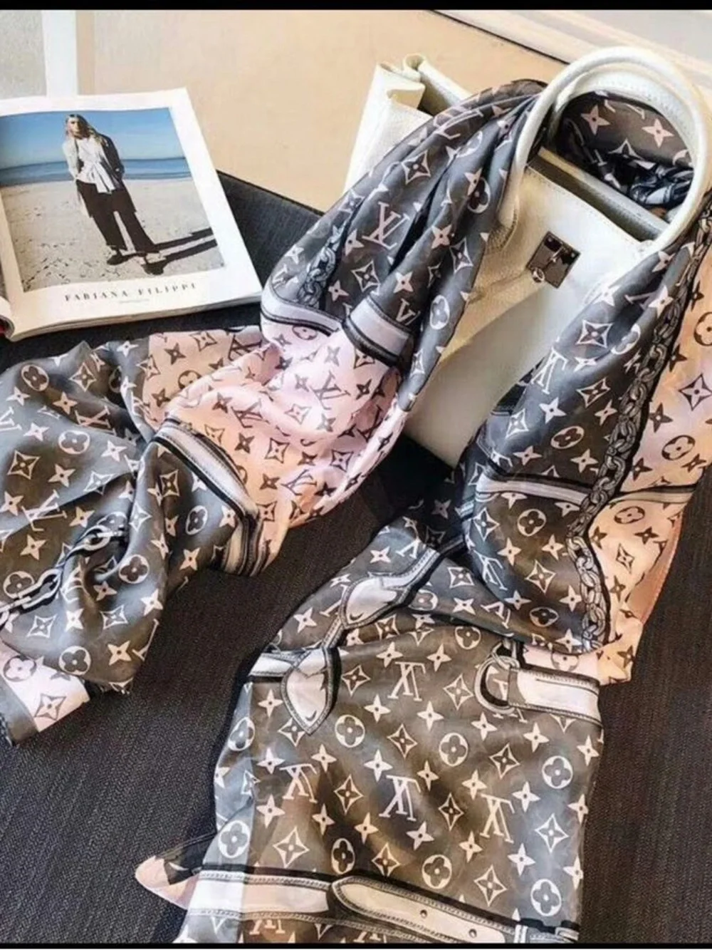 Louis Vuitton Gray and Light Pink Monogram Silk Scarf